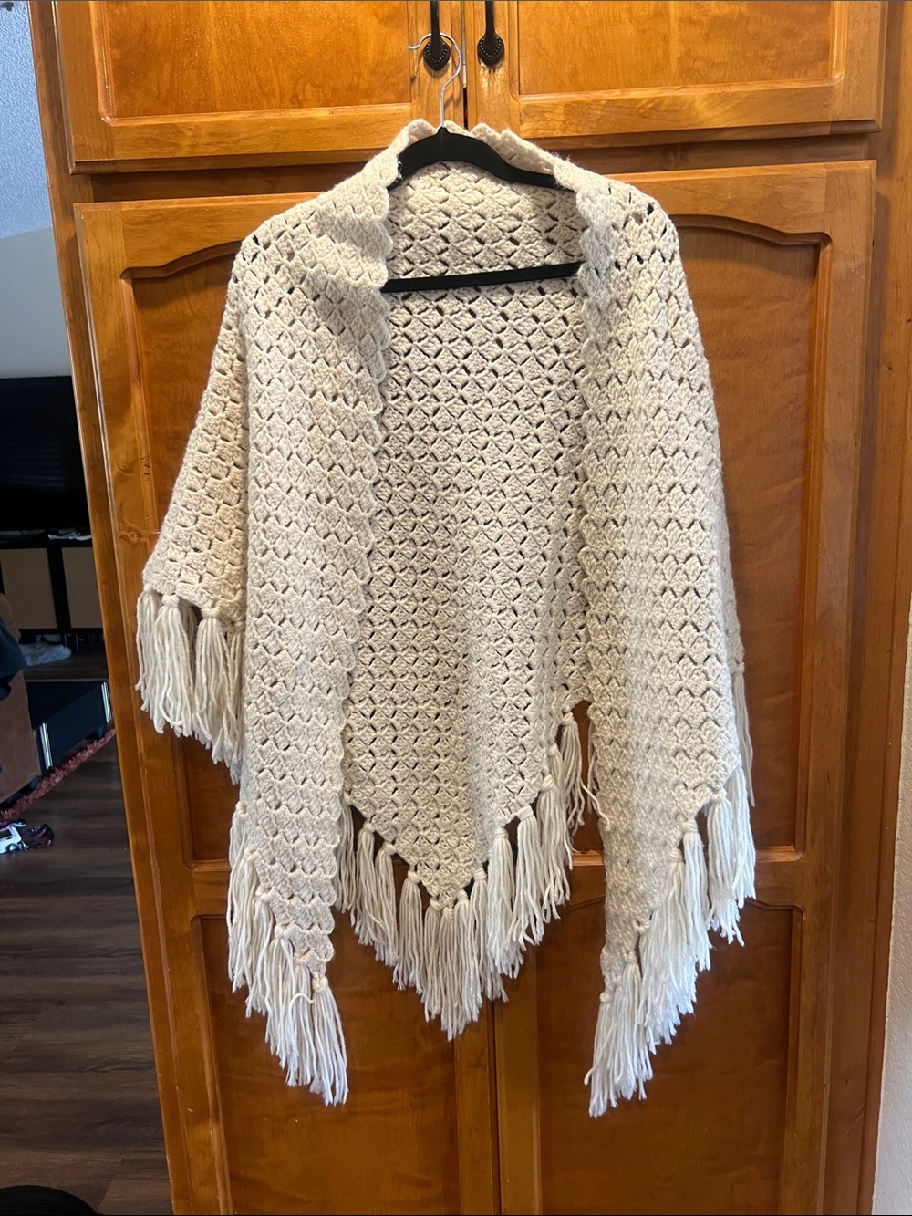 Cream Crochet Fringe Shawl